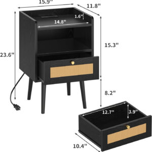 6887c594d306d69b912b781652e37c86baf98543cdcba1494f5ef.jpg Rattan Nightstand with Charging Station, Mid Century Modern Bed Side Table, Boho End Table with Wood Legs, Bedside Tables for Farmhouse Bedroom Living Room Dorm Sofa Couch Office Corner (2, Natural)