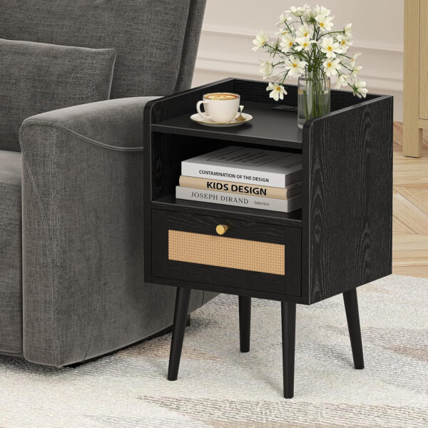 6887c597645d22835588230669095e4c303bc27e1c94718650536.jpg Rattan Nightstand with Charging Station, Mid Century Modern Bed Side Table, Boho End Table with Wood Legs, Bedside Tables for Farmhouse Bedroom Living Room Dorm Sofa Couch Office Corner (2, Natural)