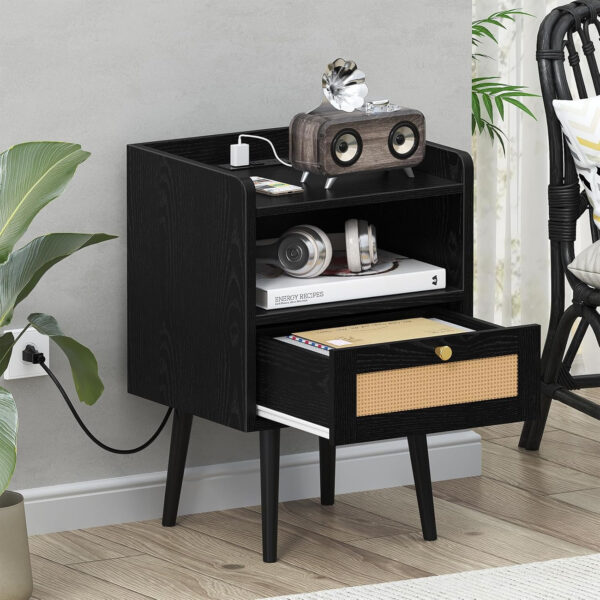6887c598b24755648c1c057efa5b22eb03df61de9614a50d6db1e.jpg Rattan Nightstand with Charging Station, Mid Century Modern Bed Side Table, Boho End Table with Wood Legs, Bedside Tables for Farmhouse Bedroom Living Room Dorm Sofa Couch Office Corner (2, Natural)