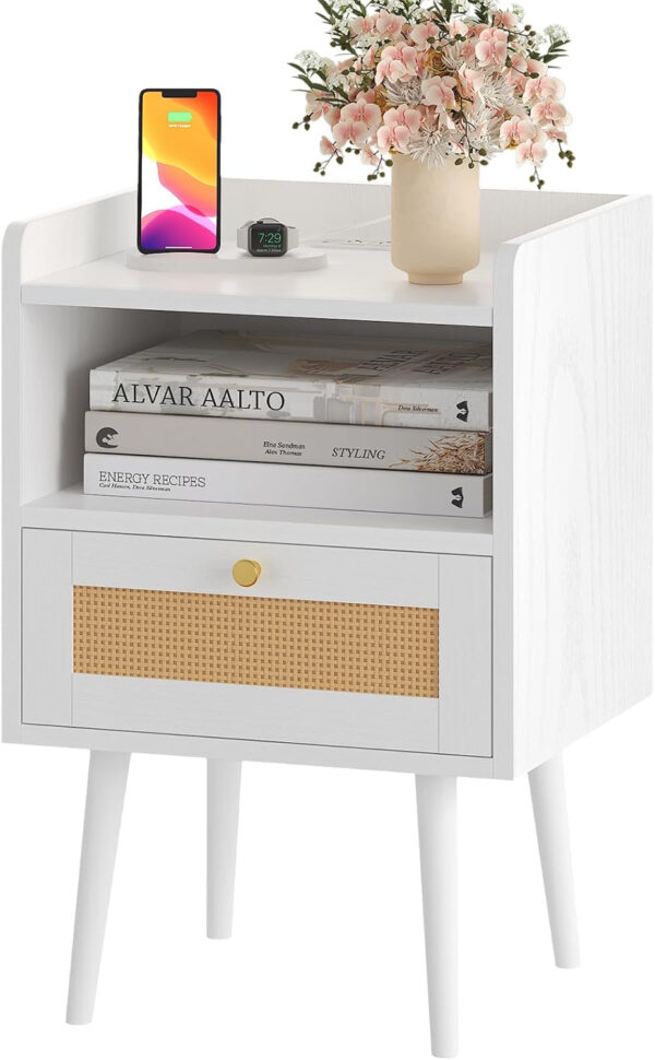 6887c59cc15ffe548c077be2d75994d5a19f99f5993008255da1e.jpg Rattan Nightstand with Charging Station, Mid Century Modern Bed Side Table, Boho End Table with Wood Legs, Bedside Tables for Farmhouse Bedroom Living Room Dorm Sofa Couch Office Corner (2, Natural)