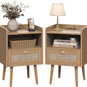 6887c59dd7122d9993cd2c7ec56828e8f054bf6c0ee5fb2cc8724.jpg Rattan Nightstand with Charging Station, Mid Century Modern Bed Side Table, Boho End Table with Wood Legs, Bedside Tables for Farmhouse Bedroom Living Room Dorm Sofa Couch Office Corner (2, Natural)