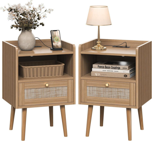 6887c59dd7122d9993cd2c7ec56828e8f054bf6c0ee5fb2cc8724.jpg Rattan Nightstand with Charging Station, Mid Century Modern Bed Side Table, Boho End Table with Wood Legs, Bedside Tables for Farmhouse Bedroom Living Room Dorm Sofa Couch Office Corner (2, Natural)