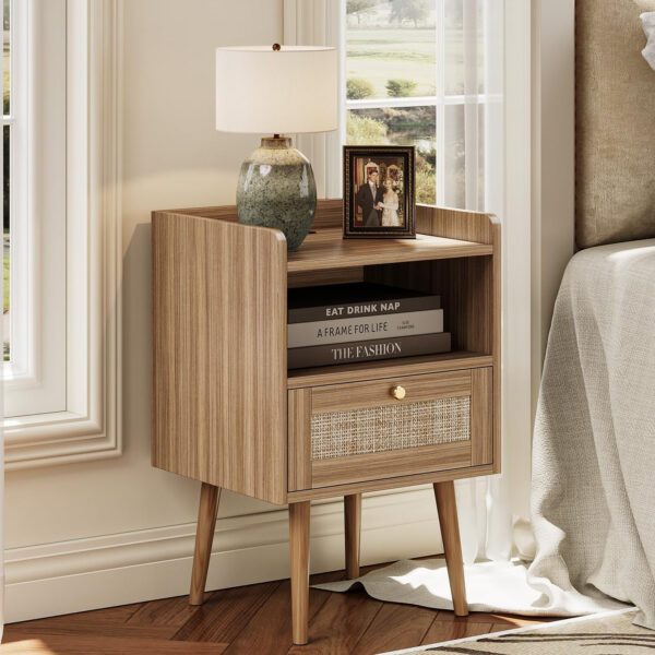 6887c59f12981b42a2b4a72564a838552fb44895567f9ad502abd.jpg Rattan Nightstand with Charging Station, Mid Century Modern Bed Side Table, Boho End Table with Wood Legs, Bedside Tables for Farmhouse Bedroom Living Room Dorm Sofa Couch Office Corner (2, Natural)