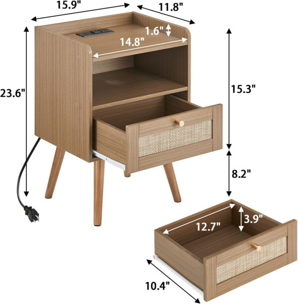 6887c5a0369020d8a94cca1c25d6ab721fcc884eaba2a0928af44.jpg Rattan Nightstand with Charging Station, Mid Century Modern Bed Side Table, Boho End Table with Wood Legs, Bedside Tables for Farmhouse Bedroom Living Room Dorm Sofa Couch Office Corner (2, Natural)