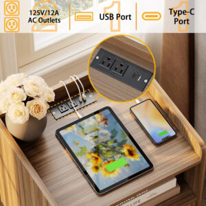 6887c5a14296ee13f10dd4da8cf93970a9a62e6ec59344c5926b3.jpg Rattan Nightstand with Charging Station, Mid Century Modern Bed Side Table, Boho End Table with Wood Legs, Bedside Tables for Farmhouse Bedroom Living Room Dorm Sofa Couch Office Corner (2, Natural)