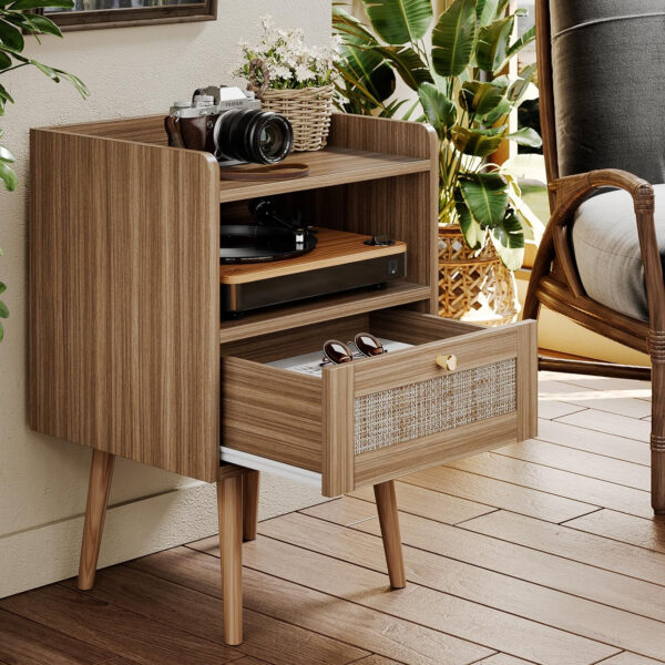 6887c5a2737a73671f398159e20663dba5292371cd70cb72bac1c.jpg Rattan Nightstand with Charging Station, Mid Century Modern Bed Side Table, Boho End Table with Wood Legs, Bedside Tables for Farmhouse Bedroom Living Room Dorm Sofa Couch Office Corner (2, Natural)