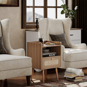 6887c5a3a723eaa68fdc73e86b6bb3cccbff6c193a773125562d2.jpg Rattan Nightstand with Charging Station, Mid Century Modern Bed Side Table, Boho End Table with Wood Legs, Bedside Tables for Farmhouse Bedroom Living Room Dorm Sofa Couch Office Corner (2, Natural)