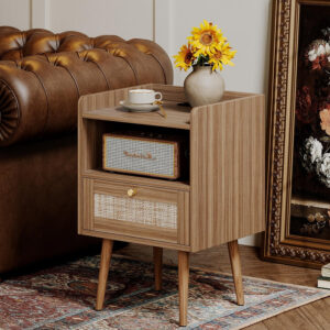 6887c5a53f6a9da0b5d77323aa7fffeb75ea2dd827b7d13015795.jpg Rattan Nightstand with Charging Station, Mid Century Modern Bed Side Table, Boho End Table with Wood Legs, Bedside Tables for Farmhouse Bedroom Living Room Dorm Sofa Couch Office Corner (2, Natural)