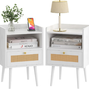 6887c5a95b46292bce17ca5cca2765913d0b16bf5755ecd1701b7.jpg Rattan Nightstand with Charging Station, Mid Century Modern Bed Side Table, Boho End Table with Wood Legs, Bedside Tables for Farmhouse Bedroom Living Room Dorm Sofa Couch Office Corner (2, Natural)