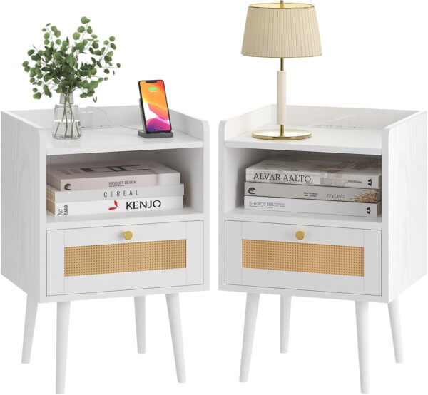 6887c5a95b46292bce17ca5cca2765913d0b16bf5755ecd1701b7.jpg Rattan Nightstand with Charging Station, Mid Century Modern Bed Side Table, Boho End Table with Wood Legs, Bedside Tables for Farmhouse Bedroom Living Room Dorm Sofa Couch Office Corner (2, Natural)