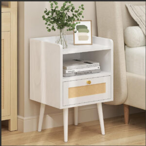 6887c5ab3d7d3069a0a77709d1d58da504bd20557808b67160141.jpg Rattan Nightstand with Charging Station, Mid Century Modern Bed Side Table, Boho End Table with Wood Legs, Bedside Tables for Farmhouse Bedroom Living Room Dorm Sofa Couch Office Corner (2, Natural)