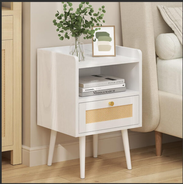 6887c5ab3d7d3069a0a77709d1d58da504bd20557808b67160141.jpg Rattan Nightstand with Charging Station, Mid Century Modern Bed Side Table, Boho End Table with Wood Legs, Bedside Tables for Farmhouse Bedroom Living Room Dorm Sofa Couch Office Corner (2, Natural)