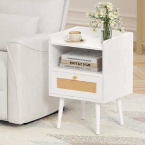 6887c5b0c483c642a3f4a6b742372ececae62223b8b86276996c4.jpg Rattan Nightstand with Charging Station, Mid Century Modern Bed Side Table, Boho End Table with Wood Legs, Bedside Tables for Farmhouse Bedroom Living Room Dorm Sofa Couch Office Corner (2, Natural)