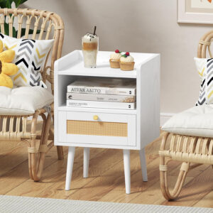 6887c5b2b2a7aa95e19fe0074ce4bf04c6cc720360b17509df8d0.jpg Rattan Nightstand with Charging Station, Mid Century Modern Bed Side Table, Boho End Table with Wood Legs, Bedside Tables for Farmhouse Bedroom Living Room Dorm Sofa Couch Office Corner (2, Natural)
