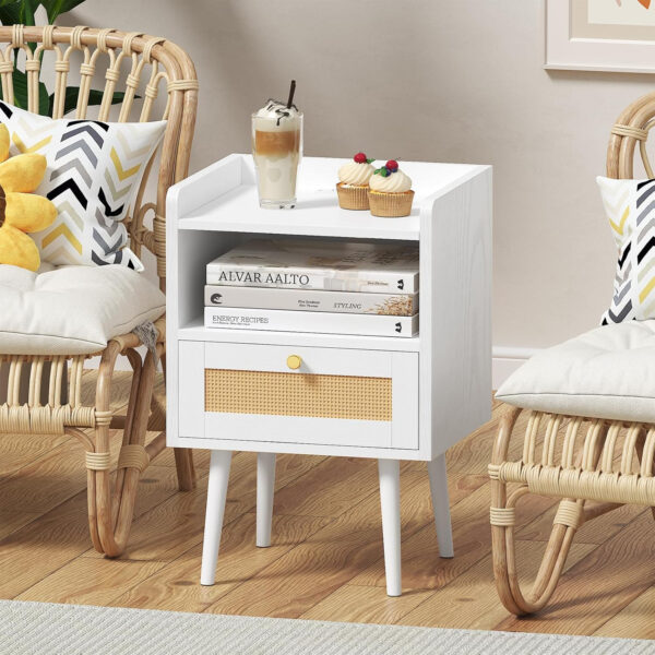 6887c5b2b2a7aa95e19fe0074ce4bf04c6cc720360b17509df8d0.jpg Rattan Nightstand with Charging Station, Mid Century Modern Bed Side Table, Boho End Table with Wood Legs, Bedside Tables for Farmhouse Bedroom Living Room Dorm Sofa Couch Office Corner (2, Natural)