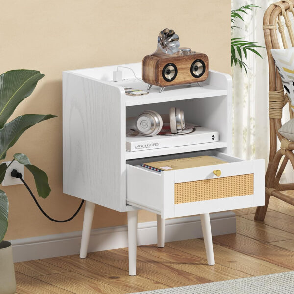 6887c5b48e9abdfe8770280e1d6750ad6a7bdef86f0ff2c03a7dc.jpg Rattan Nightstand with Charging Station, Mid Century Modern Bed Side Table, Boho End Table with Wood Legs, Bedside Tables for Farmhouse Bedroom Living Room Dorm Sofa Couch Office Corner (2, Natural)