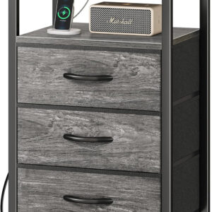 Huuger Nightstand with Charging Station, 27.6 Inch Bedside Table with Fabric Drawers, End Table with USB Ports and Outlets, Night Stand for Bedroom, Rustic Brown