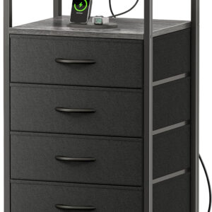 Huuger Nightstand with Charging Station, 27.6 Inch Bedside Table with Fabric Drawers, End Table with USB Ports and Outlets, Night Stand for Bedroom, Rustic Brown