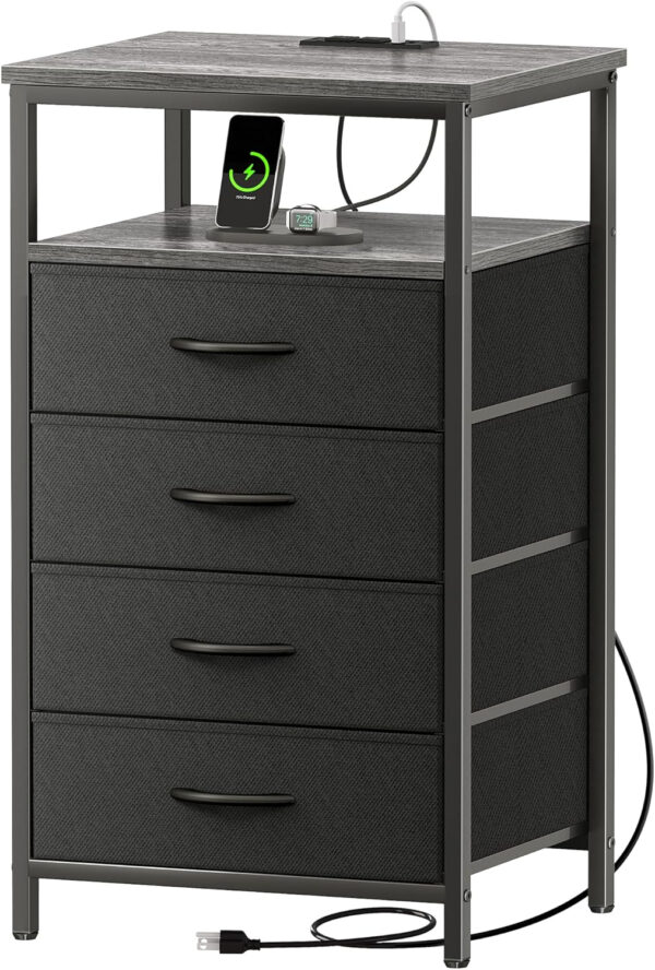 Huuger Nightstand with Charging Station, 27.6 Inch Bedside Table with Fabric Drawers, End Table with USB Ports and Outlets, Night Stand for Bedroom, Rustic Brown