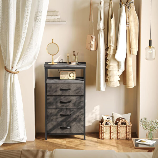 Huuger Nightstand with Charging Station, 27.6 Inch Bedside Table with Fabric Drawers, End Table with USB Ports and Outlets, Night Stand for Bedroom, Rustic Brown