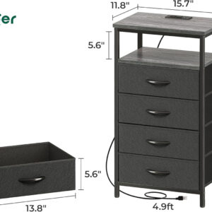Huuger Nightstand with Charging Station, 27.6 Inch Bedside Table with Fabric Drawers, End Table with USB Ports and Outlets, Night Stand for Bedroom, Rustic Brown