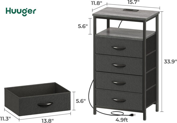 Huuger Nightstand with Charging Station, 27.6 Inch Bedside Table with Fabric Drawers, End Table with USB Ports and Outlets, Night Stand for Bedroom, Rustic Brown