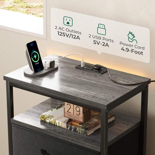 Huuger Nightstand with Charging Station, 27.6 Inch Bedside Table with Fabric Drawers, End Table with USB Ports and Outlets, Night Stand for Bedroom, Rustic Brown