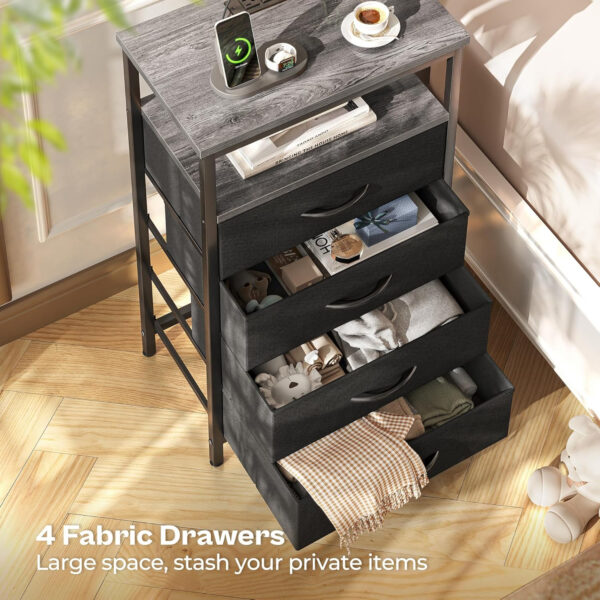 Huuger Nightstand with Charging Station, 27.6 Inch Bedside Table with Fabric Drawers, End Table with USB Ports and Outlets, Night Stand for Bedroom, Rustic Brown