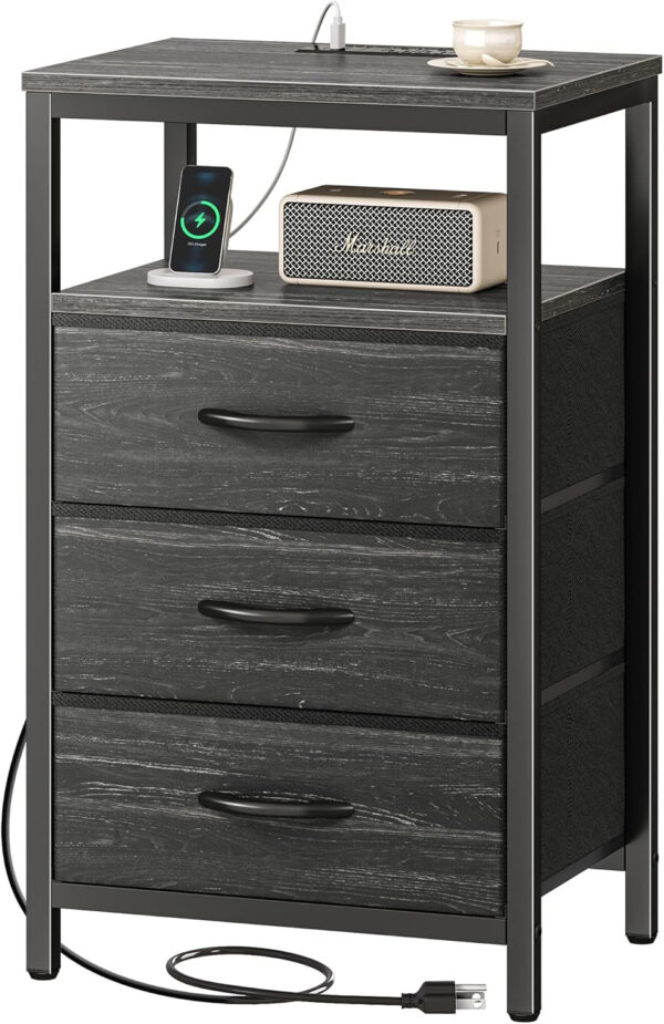 Huuger Nightstand with Charging Station, 27.6 Inch Bedside Table with Fabric Drawers, End Table with USB Ports and Outlets, Night Stand for Bedroom, Rustic Brown