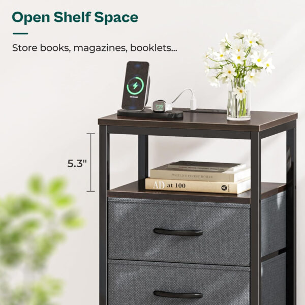 Huuger Nightstand with Charging Station, 27.6 Inch Bedside Table with Fabric Drawers, End Table with USB Ports and Outlets, Night Stand for Bedroom, Rustic Brown