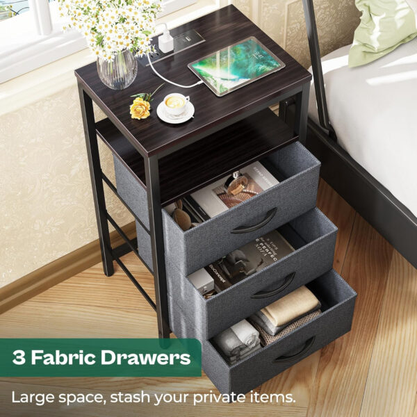 Huuger Nightstand with Charging Station, 27.6 Inch Bedside Table with Fabric Drawers, End Table with USB Ports and Outlets, Night Stand for Bedroom, Rustic Brown