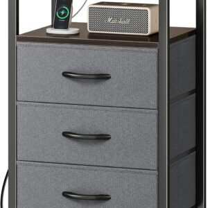 Huuger Nightstand with Charging Station, 27.6 Inch Bedside Table with Fabric Drawers, End Table with USB Ports and Outlets, Night Stand for Bedroom, Rustic Brown