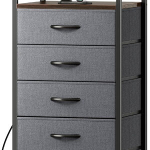 Huuger Nightstand with Charging Station, 27.6 Inch Bedside Table with Fabric Drawers, End Table with USB Ports and Outlets, Night Stand for Bedroom, Rustic Brown