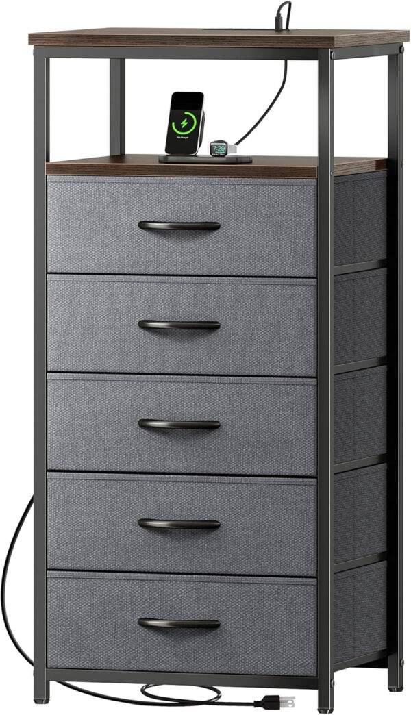 Huuger Nightstand with Charging Station, 27.6 Inch Bedside Table with Fabric Drawers, End Table with USB Ports and Outlets, Night Stand for Bedroom, Rustic Brown