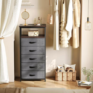 Huuger Nightstand with Charging Station, 27.6 Inch Bedside Table with Fabric Drawers, End Table with USB Ports and Outlets, Night Stand for Bedroom, Rustic Brown