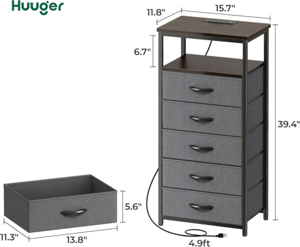Huuger Nightstand with Charging Station, 27.6 Inch Bedside Table with Fabric Drawers, End Table with USB Ports and Outlets, Night Stand for Bedroom, Rustic Brown