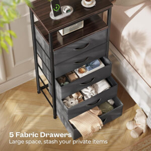 Huuger Nightstand with Charging Station, 27.6 Inch Bedside Table with Fabric Drawers, End Table with USB Ports and Outlets, Night Stand for Bedroom, Rustic Brown