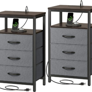 Huuger Nightstand with Charging Station, 27.6 Inch Bedside Table with Fabric Drawers, End Table with USB Ports and Outlets, Night Stand for Bedroom, Rustic Brown