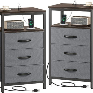 Huuger Nightstand with Charging Station, 27.6 Inch Bedside Table with Fabric Drawers, End Table with USB Ports and Outlets, Night Stand for Bedroom, Rustic Brown