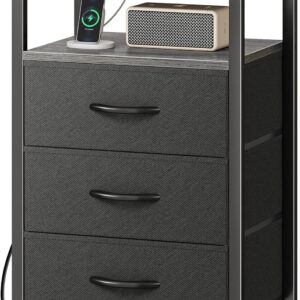 Huuger Nightstand with Charging Station, 27.6 Inch Bedside Table with Fabric Drawers, End Table with USB Ports and Outlets, Night Stand for Bedroom, Rustic Brown