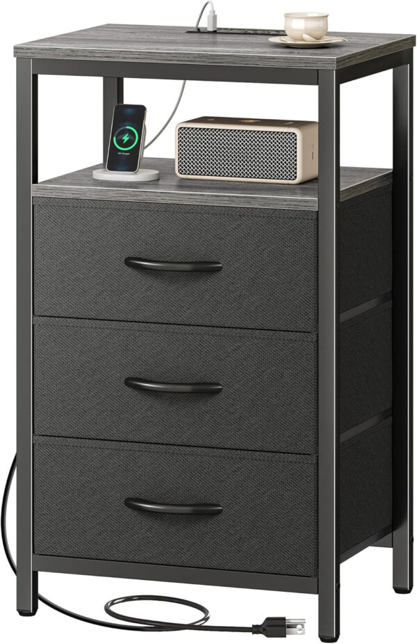 Huuger Nightstand with Charging Station, 27.6 Inch Bedside Table with Fabric Drawers, End Table with USB Ports and Outlets, Night Stand for Bedroom, Rustic Brown