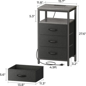 Huuger Nightstand with Charging Station, 27.6 Inch Bedside Table with Fabric Drawers, End Table with USB Ports and Outlets, Night Stand for Bedroom, Rustic Brown
