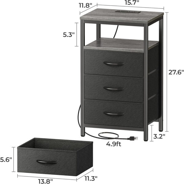 Huuger Nightstand with Charging Station, 27.6 Inch Bedside Table with Fabric Drawers, End Table with USB Ports and Outlets, Night Stand for Bedroom, Rustic Brown