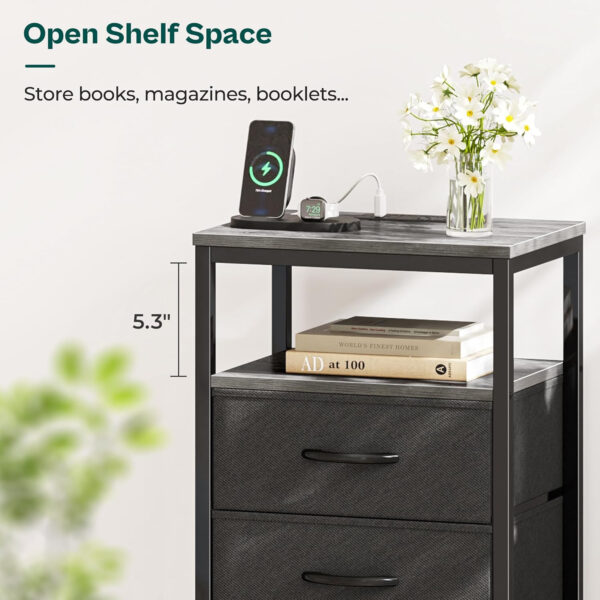 Huuger Nightstand with Charging Station, 27.6 Inch Bedside Table with Fabric Drawers, End Table with USB Ports and Outlets, Night Stand for Bedroom, Rustic Brown