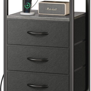 Huuger Nightstand with Charging Station, 27.6 Inch Bedside Table with Fabric Drawers, End Table with USB Ports and Outlets, Night Stand for Bedroom, Rustic Brown