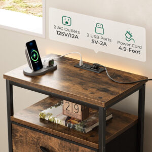 Huuger Nightstand with Charging Station, 27.6 Inch Bedside Table with Fabric Drawers, End Table with USB Ports and Outlets, Night Stand for Bedroom, Rustic Brown