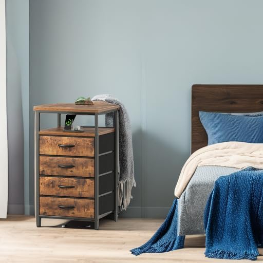 Huuger Nightstand with Charging Station, 27.6 Inch Bedside Table with Fabric Drawers, End Table with USB Ports and Outlets, Night Stand for Bedroom, Rustic Brown