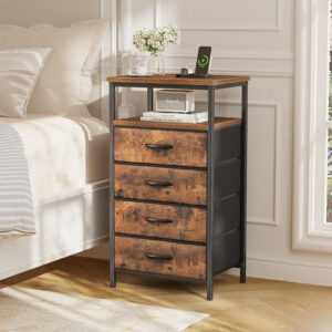 Huuger Nightstand with Charging Station, 27.6 Inch Bedside Table with Fabric Drawers, End Table with USB Ports and Outlets, Night Stand for Bedroom, Rustic Brown