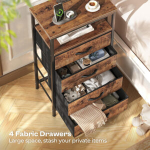 Huuger Nightstand with Charging Station, 27.6 Inch Bedside Table with Fabric Drawers, End Table with USB Ports and Outlets, Night Stand for Bedroom, Rustic Brown