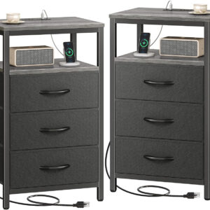 Huuger Nightstand with Charging Station, 27.6 Inch Bedside Table with Fabric Drawers, End Table with USB Ports and Outlets, Night Stand for Bedroom, Rustic Brown
